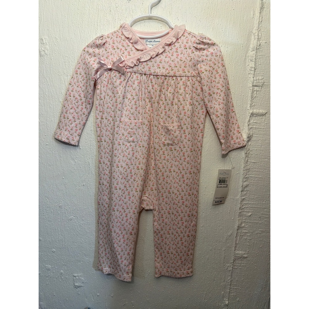 Ralph Lauren Baby Girl Pink Floral Ruffle Coverall One Piece 9M NWT